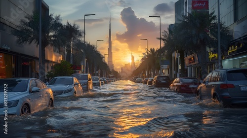 Urban Resilience: Sunset Over a Flooded City Street with Submerged Cars, View Of The City Flooded Streets After Rain, Shops and Cars Under Water, Traffic and Flood,