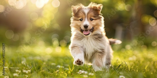 happy sheltie puppy outdoors running in a grassy field in the afternoon