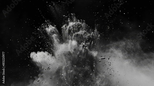 explosive charcoal powder burst abstract black and white dust particles high contrast photography