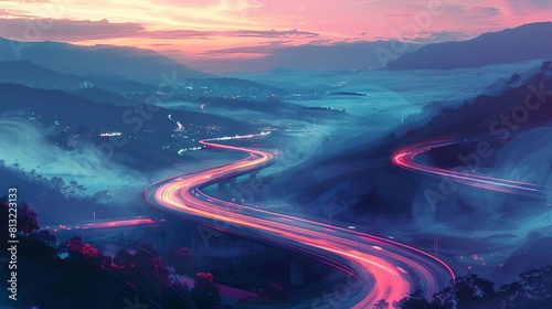 glowing headlight trails on winding road at dusk atmospheric digital cityscape painting