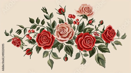 intricate floral embroidery pattern with roses buds and leaves on beige fabric satin stitch digital illustration
