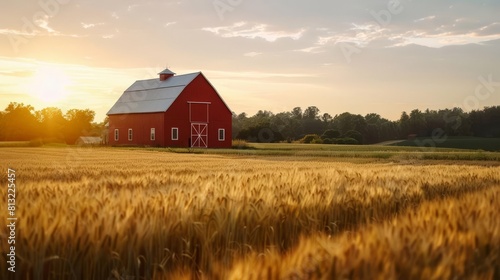 serene red barn amidst golden wheat fields at sunset rural landscape concept