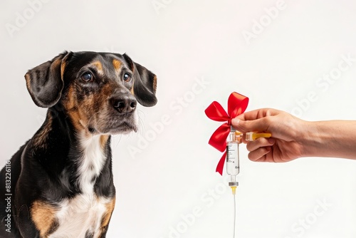 "A conceptual photo of blood donation for animals. A dog and a hand holding an IV drip for the cat with a red ribbon as a symbol of emergency assistance and blood transfusion for pets."