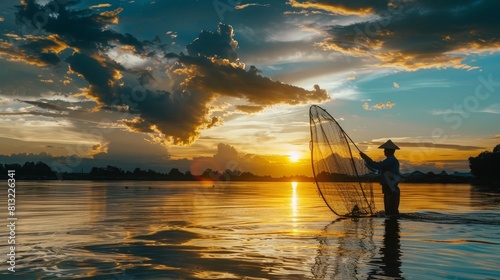 silhouette of an asian fisherman casting a net in the mekong river at sunset travel photography
