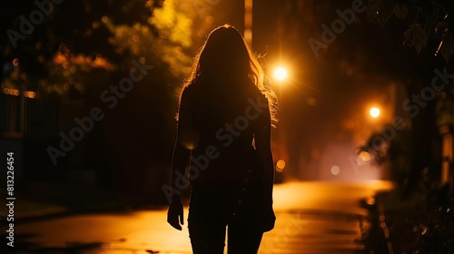 silhouette of young woman walking home alone at night insecurity and stalker concept photo