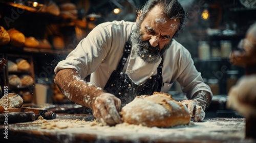 bread making process, a baker creating artisan bread by shaping dough on a flour-dusted wooden surface in a traditional bakery