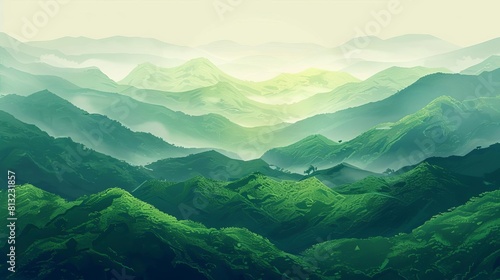 stunning aerial view of lush green mountain landscape in vibrant 2d illustration