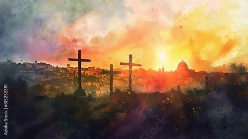 sunrise view of three crosses on golgotha from holy sepulchre digital watercolor painting