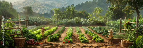 Abundant Vegetable Garden with Scarecrows and Wooden Trellises Bordering a Lush Forest