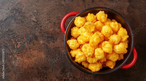 Crunchy, salty corn puffs snacks, also known in Romanian as pufuleti, in a red strainer