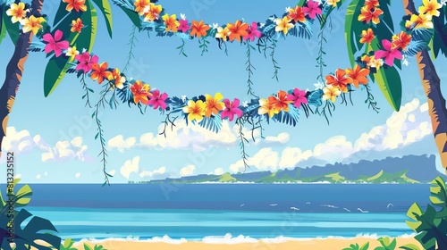 vibrant hawaiian lei garlands tropical floral celebration scenic coastal backdrop lei day festival cultural tradition copy space digital illustration