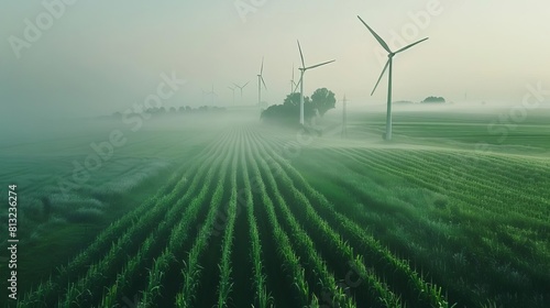 windmill turbines in natural field generating green hydrogen from air and water sustainable nitrogen fertilizer production renewable energy concept