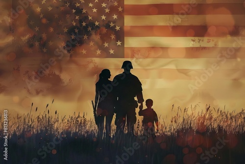 heartwarming silhouette of soldier reuniting with family american flag background veterans day concept digital painting