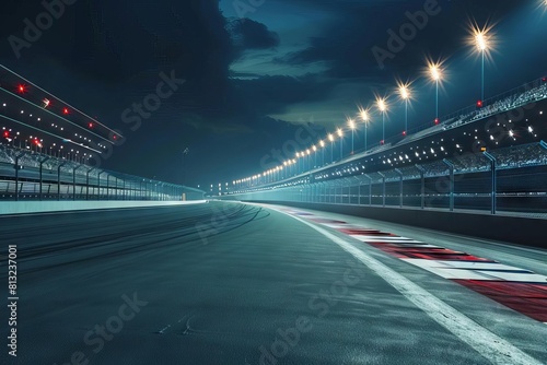 illuminated empty racing track at night realistic grandstand view sports photography