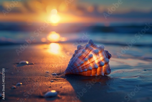 illuminated seashell on sandy beach at sunset coastal nature photography