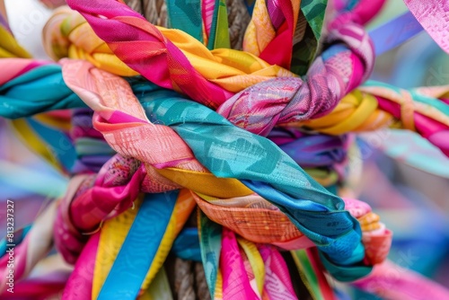 intricate handwoven maypole with colorful intertwined ribbons traditional spring festival celebration detailed closeup photo illustration