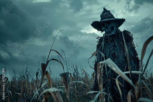 eerie monster scarecrow in abandoned field haunting and unsettling atmosphere dark fantasy horror concept spooky autumn landscape creepy rural setting