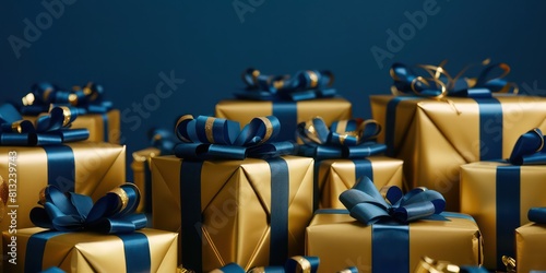 gold gifts whit blue ribbon, blue background