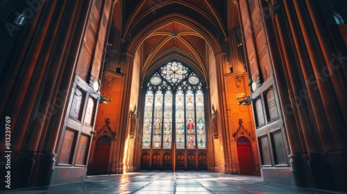 The inside of a church with a large stained glass window