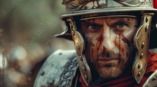 Roman soldier with helmet in battle with swords and shields in high resolution