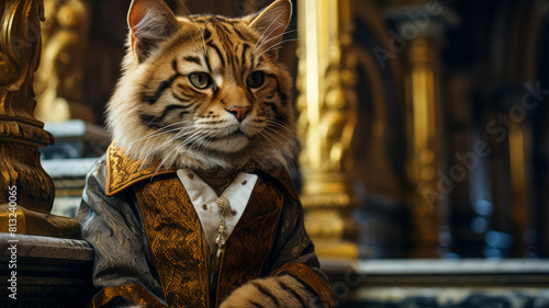 sophisticated tiger in a velvet smoking jacket, adorned with gold embroidery