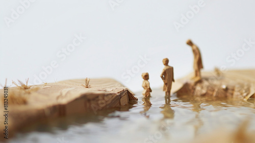 macro tilt-shift photography of tiny figures of Jesus' Baptism: John baptizes Jesus in the Jordan River, on white background, biblic moment depict