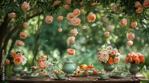 enchanted garden party, a magical garden party adorned with flowers, hanging trinkets, and a retro tea set, adding charm and sophistication to a summer event