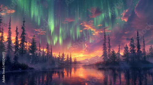 northern lights spectacle, a tranquil arctic summer night, illuminated by the mesmerizing aurora borealis in vibrant hues of emerald and violet, creating a stunning spectacle