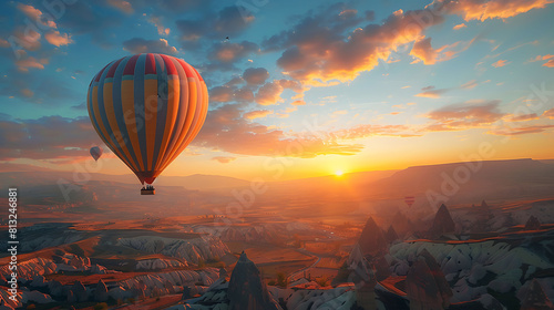 Amazing Panoramic view sunrise rocky landscape in Cappadocia with colorful hot air balloon deep canyons, valleys, Concept banner travel Turkey