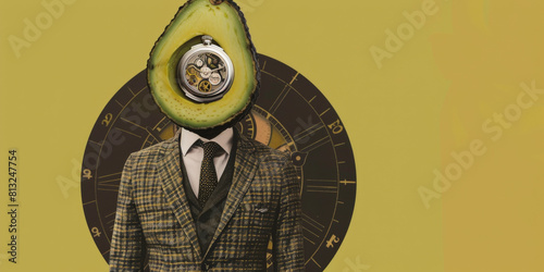 Avocado Timepiece Head in Tweed Suit Art Collage