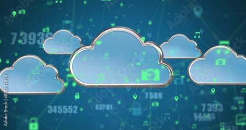 Image of clouds, changing numbers and connected icons over blue background