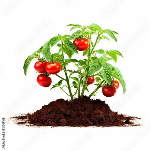 Bright tomato plant in soil, vividly isolated on a white backdrop, Ai Generated