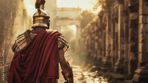 Roman soldier with his back facing ruins in ancient times in high resolution