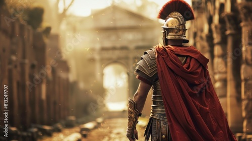 Roman soldier with his back looking at ruins