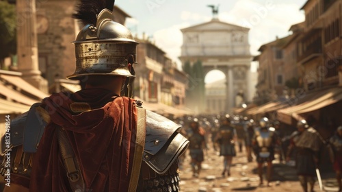 Roman soldier with his back facing ancient Rome in high resolution and quality