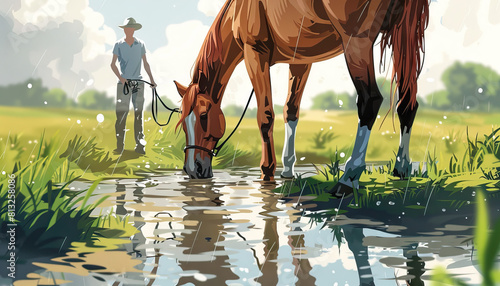 You can lead a horse to water, but you can't make it drink: A scene showing a person leading a horse to a stream, but the horse refusing to drink, representing the idea that you can offer help or oppo