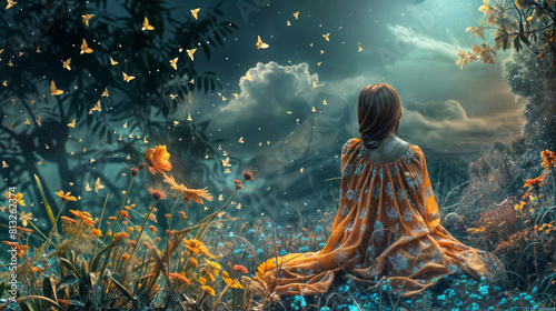 Young woman in orange dress in fantasy forest with flying birds and flowers