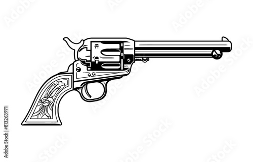 retro revolver gun engraving black and white outline