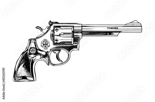 retro revolver gun engraving black and white outline