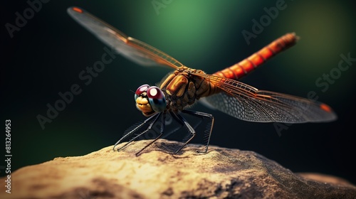 A dragonfly perched on a tree branch, very close photo