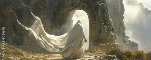 Jesus approaches an ancient stone archway, his flowing white robe billowing in the wind, evoking a sense of anticipation as he prepares to pass through the threshold