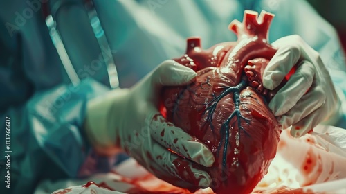 Team of unrecognizable surgeon doctors are performing heart operation for patient from organ donor to save more life in emergency surgical room