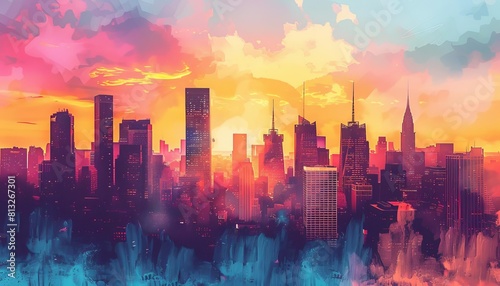 Portray a city skyline at sunset, with the silhouette of skyscrapers outlined against a colorful sky painted in hues of orange and pink