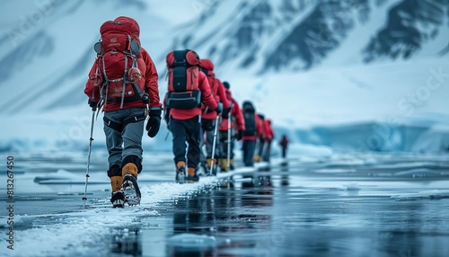 Portray a group of explorers trekking across a polar ice cap, braving subzero temperatures and biting winds