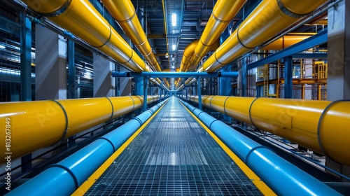 Inside the industrial facility, the intricate network of yellow and blue pipelines weaves a tapestry of efficiency and innovation.