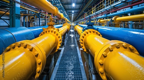 Inside the industrial facility, the intricate network of yellow and blue pipelines weaves a tapestry of efficiency and innovation.