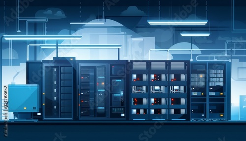 Abstract illustration of a futuristic data center. Rows of server racks with blinking lights in a modern data center.