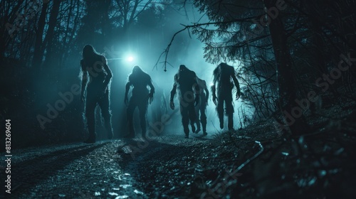 Group of walking scary monsters at night. Forest path.