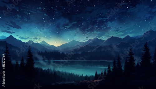 The majestic beauty of a tranquil mountain lake under a starry night sky, surrounded by dense pine forests.