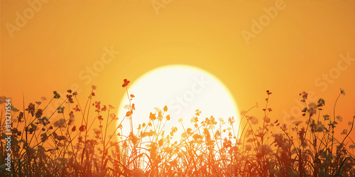  Summer wallpaper with silhouette of grass in meadow against flat sun at sunset or sunrise illustration.